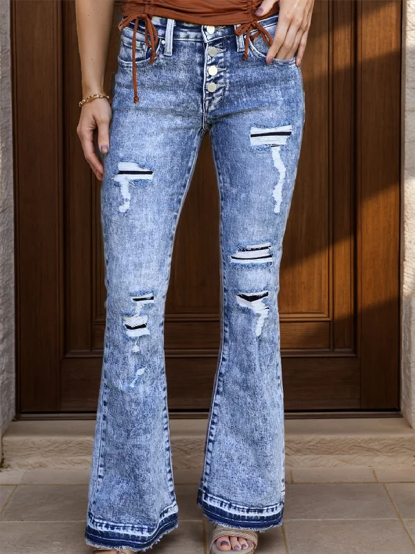 Distressed Button-Fly Bootcut Jeans with Pockets Cool Women's Skate