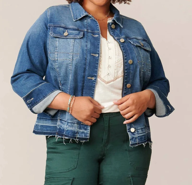 Curvy Vintage Denim Jacket In Mid Blue Tough Women's Military - inspired