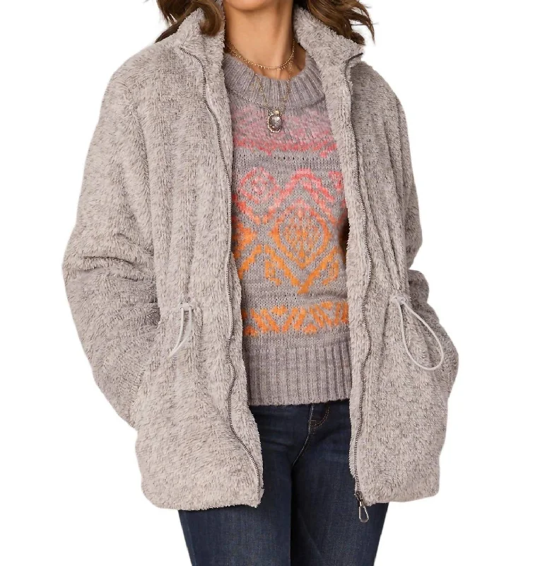 Long Sleeve Stand Collar Zip Front Fur Jacket With Drawstring Waist In Heather Grey Traditional Women's Wool