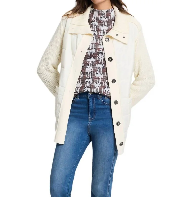 Mix Media Quilted Puffer Jacket In Classic Cream Hip Women's Retro