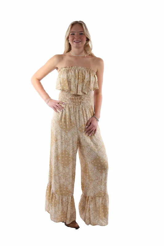 Scully Womens Strapless Ruffle Trim Toffee Lyocell S/L Jumpsuit British Gentlewoman Style