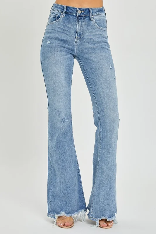 Risen Full Size High Rise Frayed Hem Flare Jeans Scandinavian