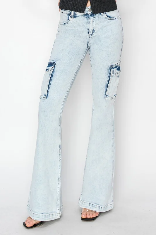 RISEN Full Size High Rise Cargo Flare Jeans Artistic Women's Hand - painted