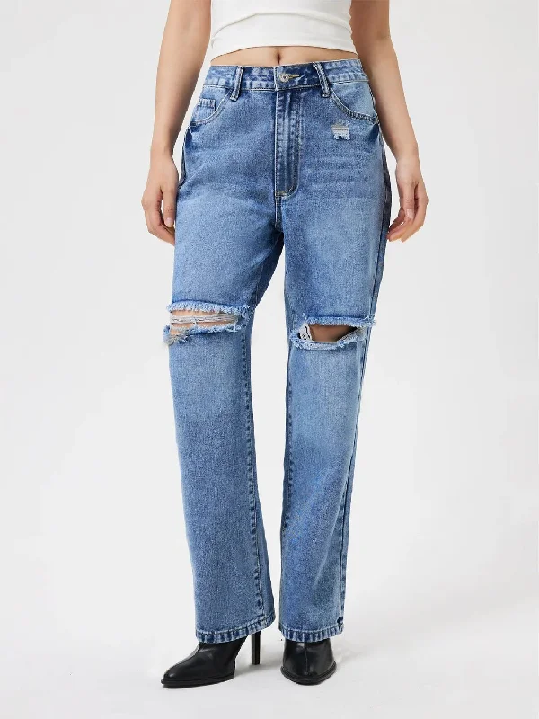 Distressed Jeans with Pockets Casual Women's Loose - fitting