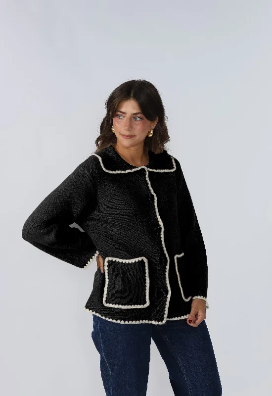 Harlow Knit Trim Buttoned Collar Jacket (Black) Classic Women's Pin - striped