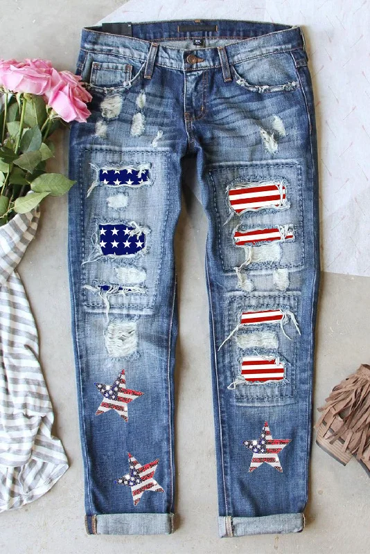 US Flag Mid-Rise Waist Straight Jeans Confident Women's High - fashion