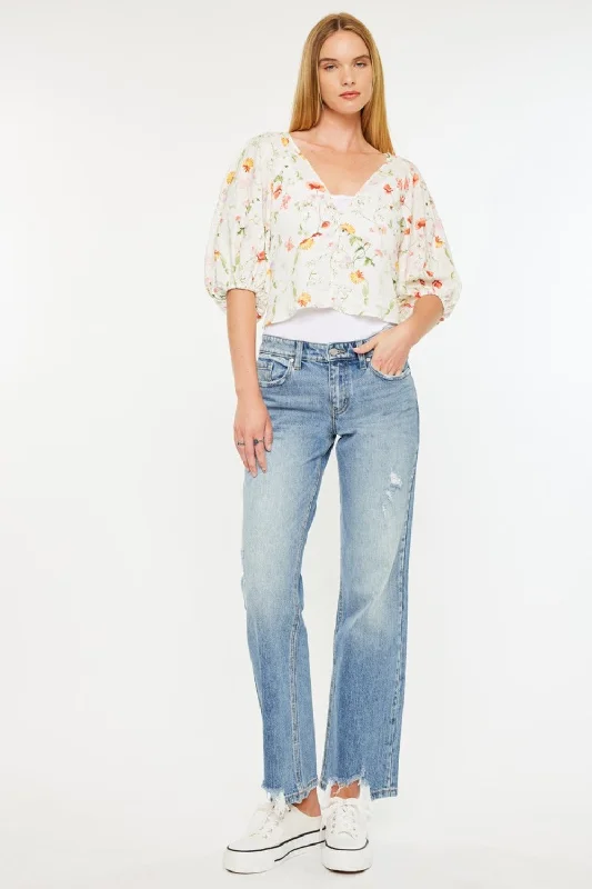 Kancan Mid Rise Frayed Hem Straight Jeans Hip Women's Urban