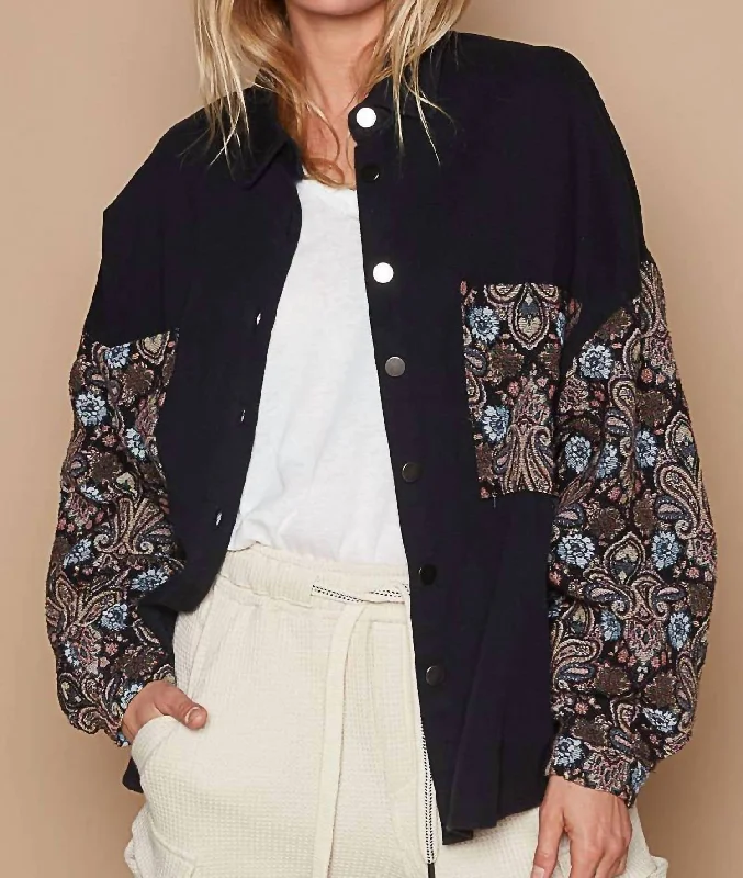 Jacquard Sleeve Shacket In Black Laid - back Women's Vibe
