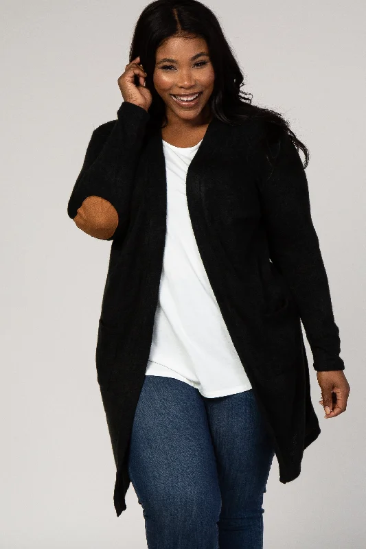 PinkBlush Black Solid Knit Elbow Patch Plus Cardigan Street