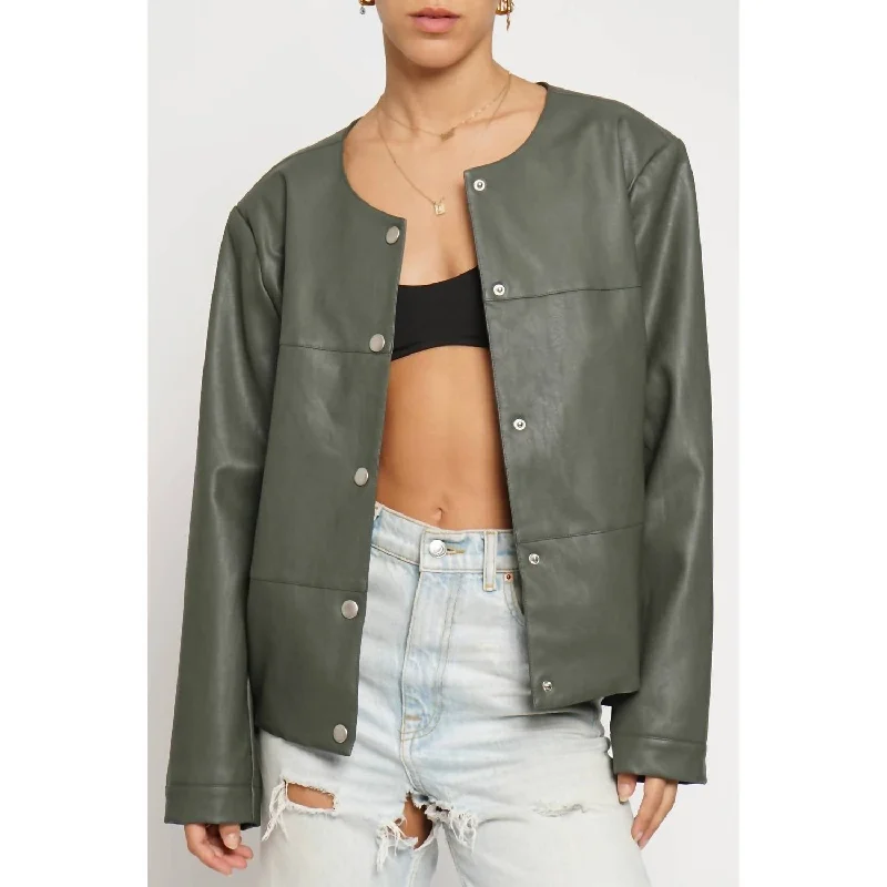 Faux Leather Cropped Jacket In Olive Classic Women's Pin - striped