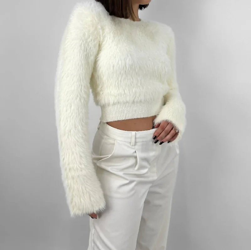 Cropped Wide Sleeve Fuzzy Sweater In Cream Stylish Women's Neon