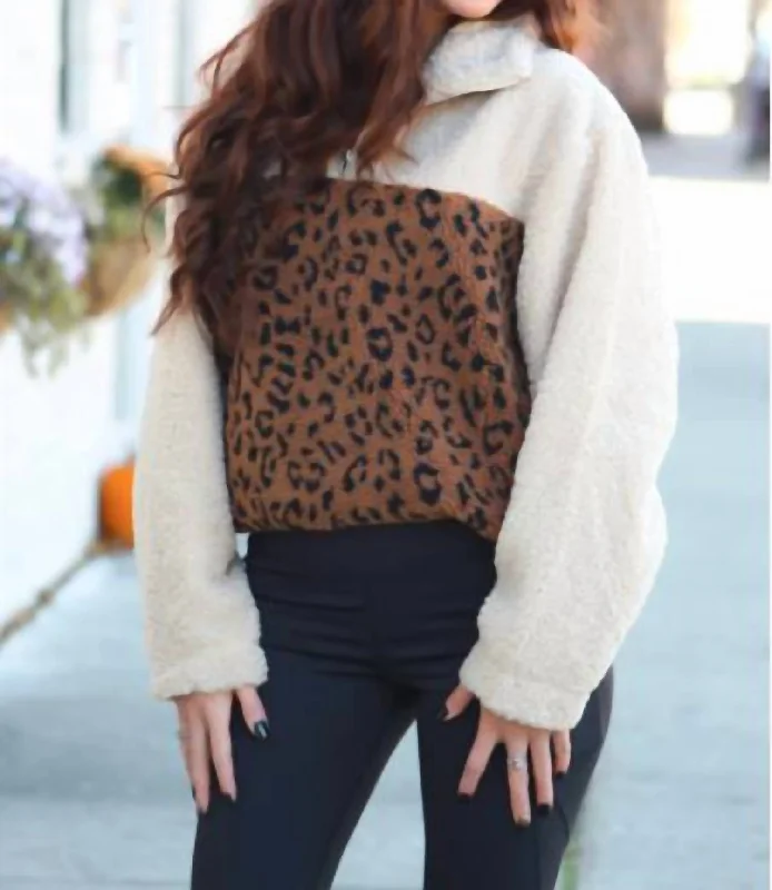 Leopard Sherpa Pullover In Cream Brown Modern Women's Tech