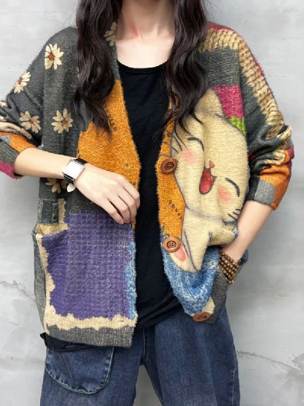 Floral Print Boho Women's Cute Cat Cardigan Cozy Women's Sherpa - lined