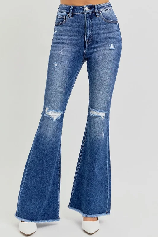 RISEN Full Size High Rise Distressed Raw Hem Flare Jeans Sporty Women's Tennis