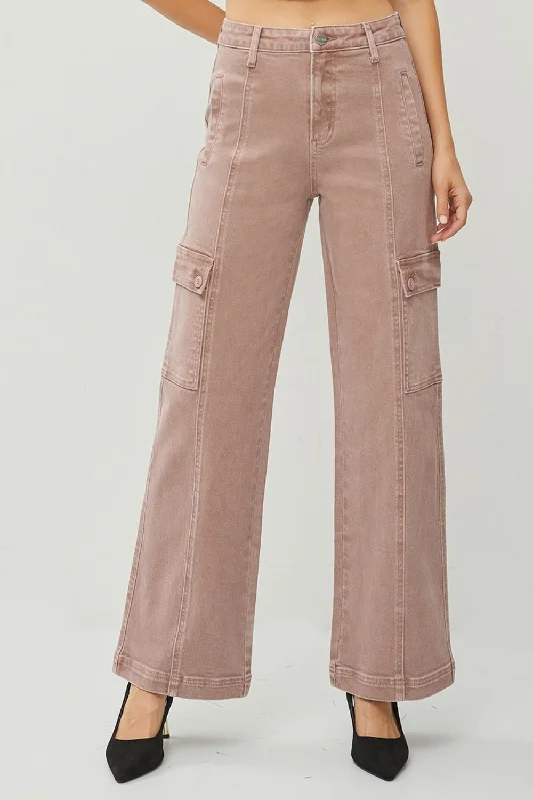 RISEN Full Size High Rise Wide Leg Cargo Jeans Traditional Women's Wool