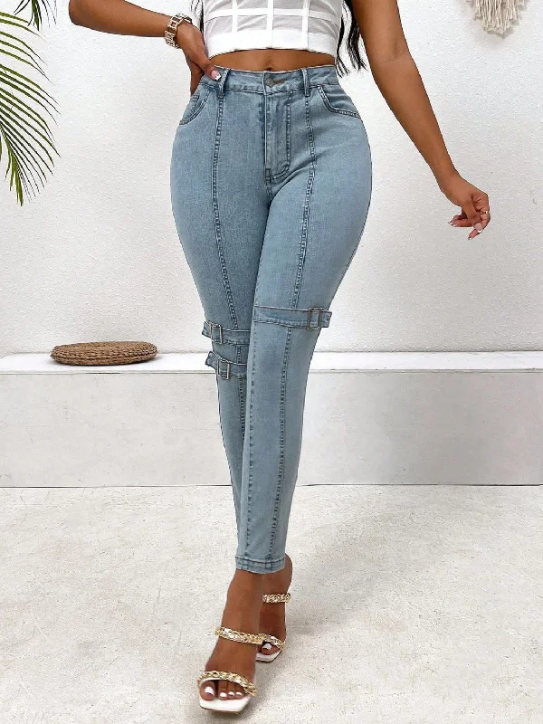 Decorative Buckle Skinny Jeans with Pockets Relaxed Women's 