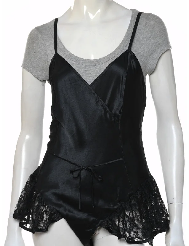 Black Classic Lace Trim Bodysuit - M Sophisticated Women's 