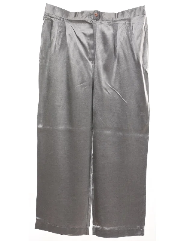 Silver Metallic Shiny Wide-Leg Trousers - W34 L25 Bold Women's Animal Print
