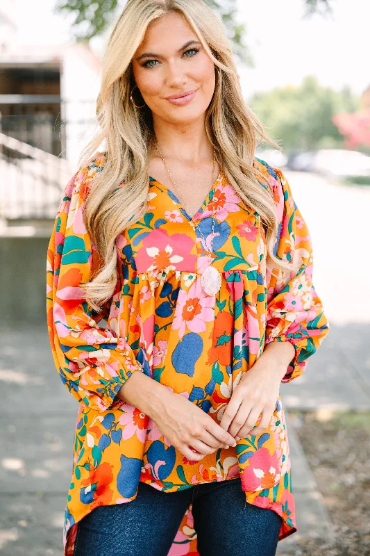 Feeling Wild Rust Orange Floral Tunic Elegant Women's Formal 