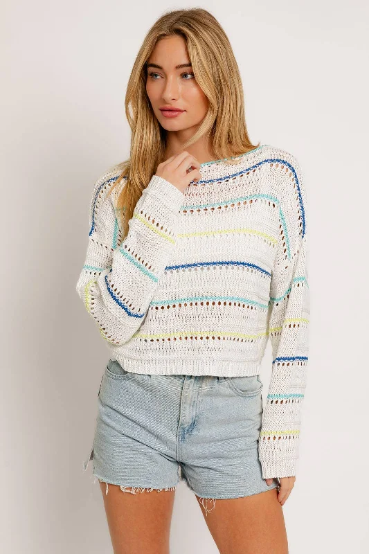 LONG SLEEVE STRIPE POINTELLE SWEATER WITH INNER WEAR: WHITE-BLUE STRIPE / M Refined Women's Classic 